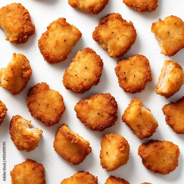 Fototapeta Crispy chicken nuggets golden and fried arranged on plain white background