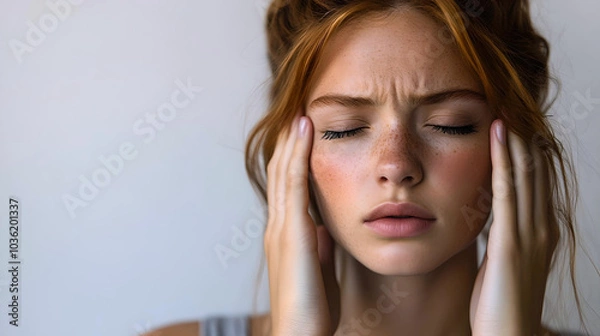 Obraz Woman holding head in pain, experiencing headache
