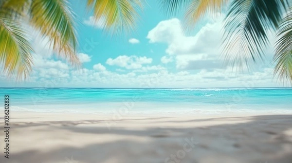Fototapeta Tropical beach paradise with turquoise waters and palm-fringed shores, AI