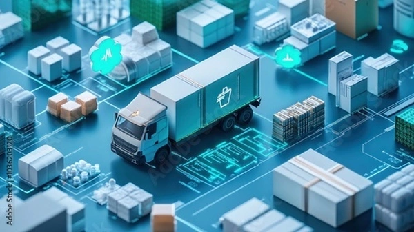 Fototapeta A digital representation of logistics featuring a delivery truck among packages and icons.