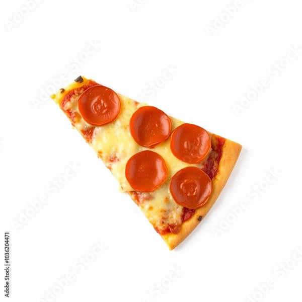 Fototapeta Pepperoni pizza slice with melted cheese and crispy crust on plain white background