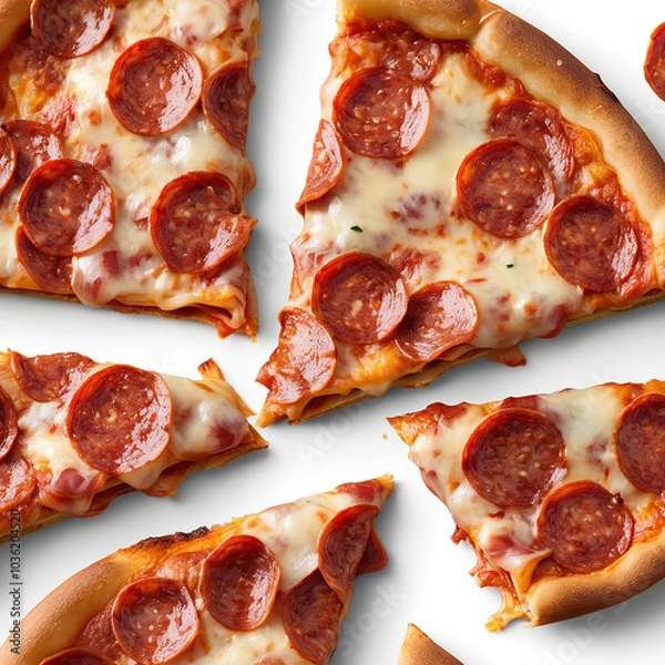 Fototapeta Pepperoni pizza slice with melted cheese and crispy crust on plain white background