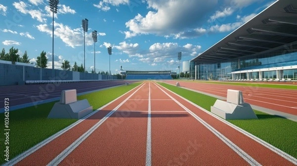 Fototapeta A vibrant athletic track with starting blocks under a blue sky, ready for competition.