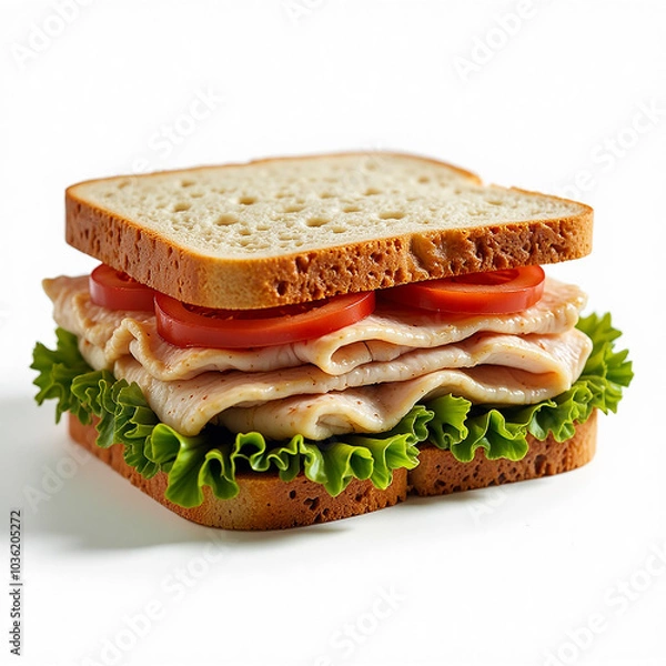 Fototapeta Simple turkey sandwich with lettuce, tomato, and mayo on white bread and white background