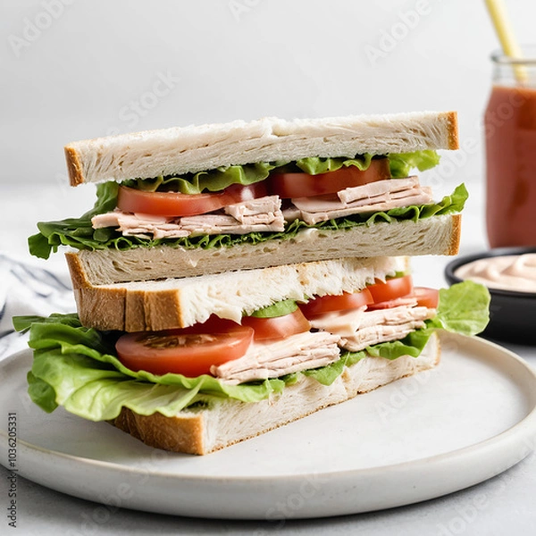 Fototapeta Simple turkey sandwich with lettuce, tomato, and mayo on white bread and white background
