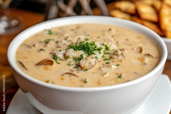 Fototapeta A Bowl of Clam Chowder With Oyster Crackers, Served in a Rustic Restaurant, Food Photography, Food Menu Style Photo Image