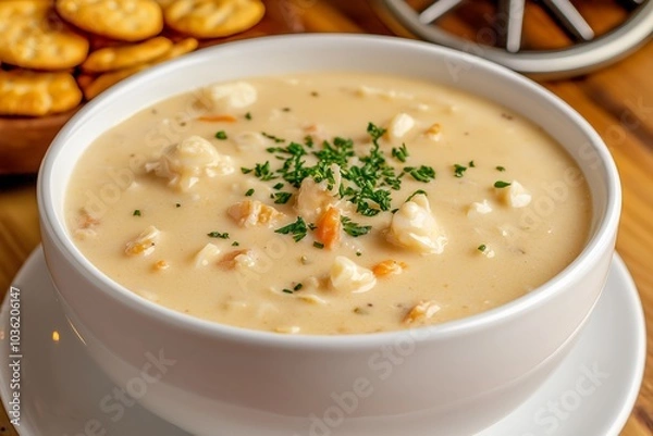 Fototapeta A Bowl of Clam Chowder With Oyster Crackers, Served in a Rustic Restaurant, Food Photography, Food Menu Style Photo Image