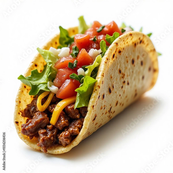 Fototapeta Soft taco with seasoned beef, lettuce, cheese, and salsa on clean white background