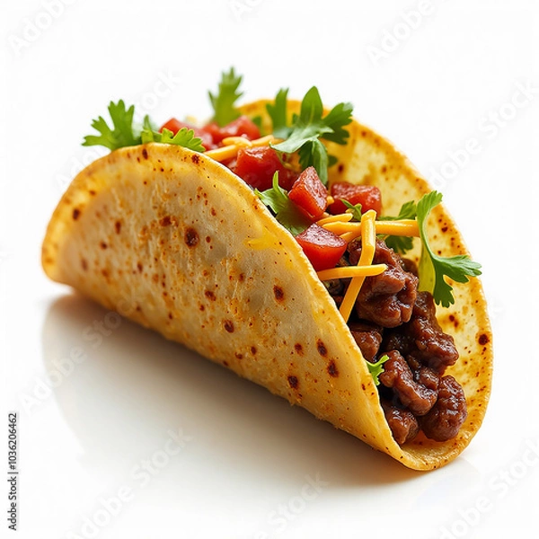 Fototapeta Soft taco with seasoned beef, lettuce, cheese, and salsa on clean white background