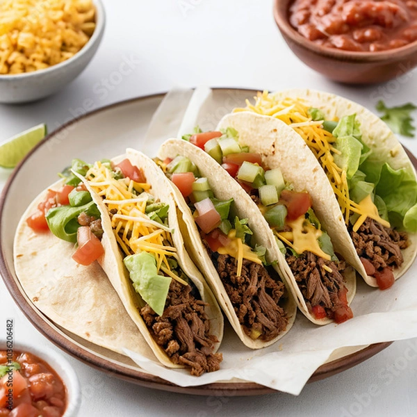 Fototapeta Soft taco with seasoned beef, lettuce, cheese, and salsa on clean white background