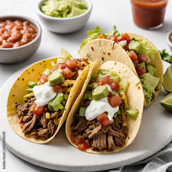 Fototapeta Soft taco with seasoned beef, lettuce, cheese, and salsa on clean white background