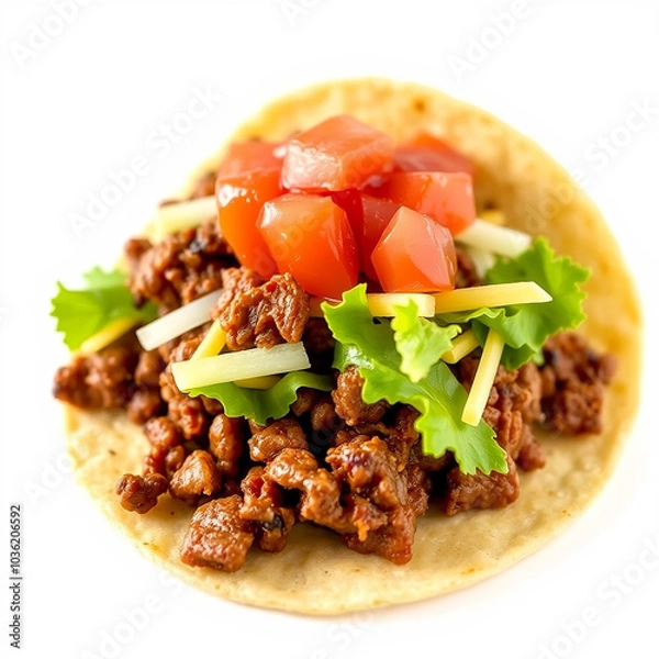 Fototapeta Soft taco with seasoned beef, lettuce, cheese, and salsa on clean white background