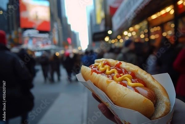 Obraz A Hotdog With Mustard and Ketchup, Served at a Bustling Fast Food Stand on a Busy New York City Street, Food Photography, Food Menu Style Photo Image