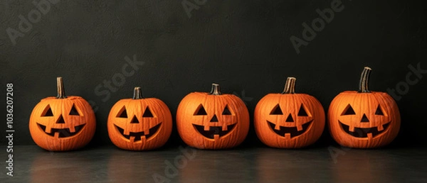 Fototapeta Five carved pumpkins with cheerful faces arranged in a row, set against a dark background, capturing a festive Halloween spirit.