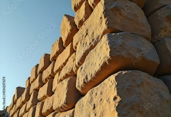 Fototapeta a tall stone wall with uneven, large rocks, displaying cracks and patches of lichen, under a bright blue sky create with ai