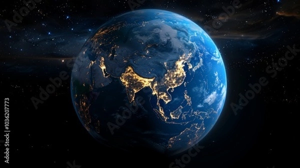 Fototapeta 3D Earth with realistic cloud atmosphere and night lights in Asia