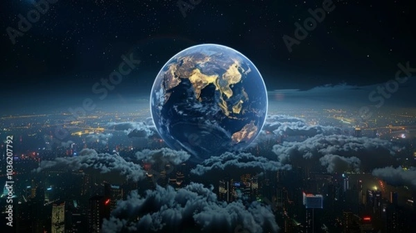 Fototapeta 3D Earth with realistic cloud atmosphere and night lights in Asia