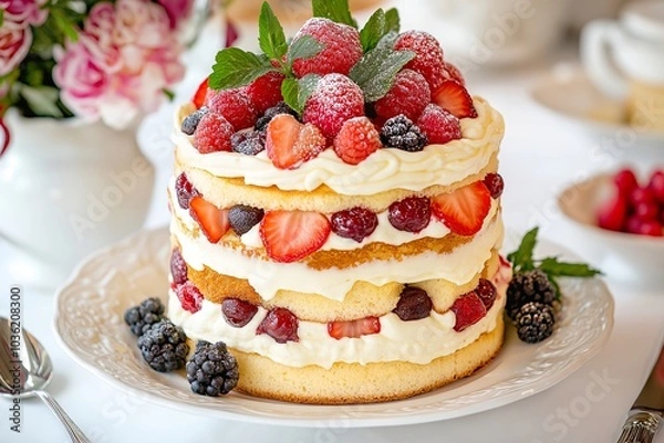 Fototapeta A Traditional English Trifle With Layers of Sponge Cake, Custard, and Fruit, Served at a Quaint Countryside Tea Room, Dessert Food Photography, Dessert Menu Style Photo Image