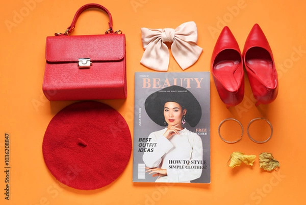 Fototapeta Stylish bag, accessories and magazine on orange background
