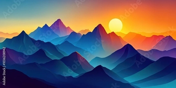Obraz Vibrant sunset over a range of mountains with layered hues of blue, purple, and orange.
