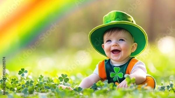 Fototapeta A joyful baby in a green outfit surrounded by clovers, with a rainbow in the background.