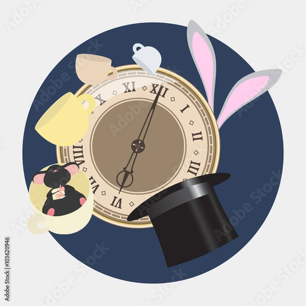 Fototapeta Alice in Wonderland. Mad tea party with Hatter, Dormouse, White Rabbit. Alice in Wonderland. Retro illustration.