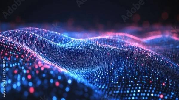 Fototapeta Abstract digital wave of blue and red particles, glowing in the dark.