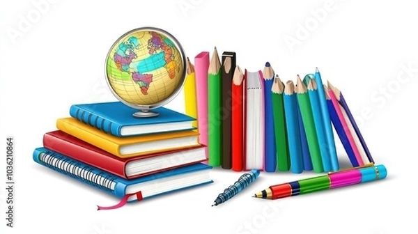 Fototapeta A collection of books, a globe, and colored pencils, symbolizing education and learning.