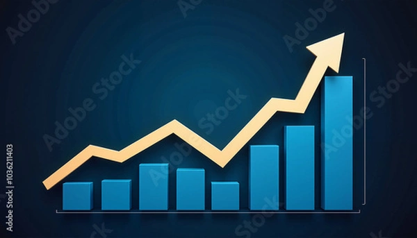Fototapeta Rising bar graph with an upward trend line on a dark blue background illustrating financial growth
