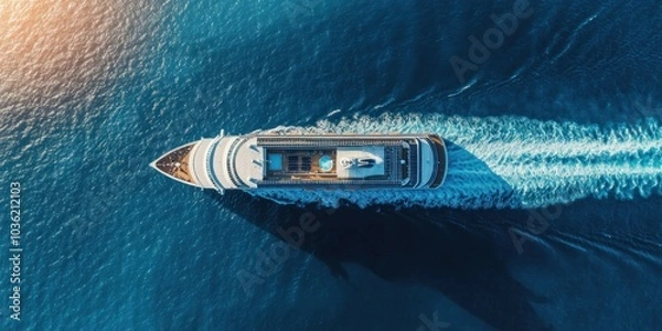 Obraz Aerial view of a cruise ship sailing on the ocean.