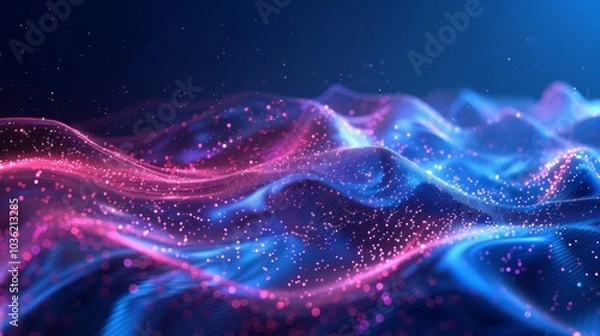 Fototapeta Flowing dots wave, abstract particle technology, hi-tech background for flyers and brochures