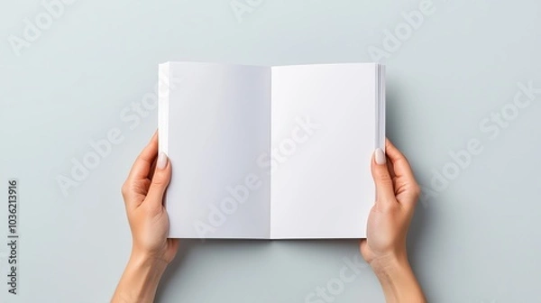 Fototapeta Elegant woman with manicured hands holding an empty brochure, top-down view, grey background, perfect for mockup designs. Soft shadows, high-resolution detail