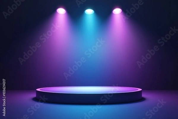 Obraz A circular platform illuminated by three spotlights casting purple and blue light