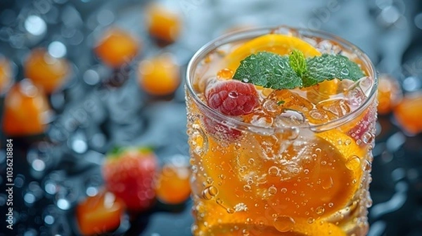 Fototapeta Refreshing Summer Cocktail with Orange, Mint, and Raspberry