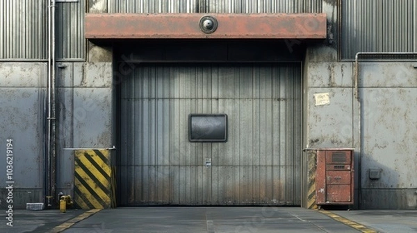 Fototapeta A weathered industrial garage door with a small window and adjacent red utility box.