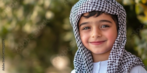 Fototapeta Portrait of smiling young boy wearing keffiyeh posing outdoors