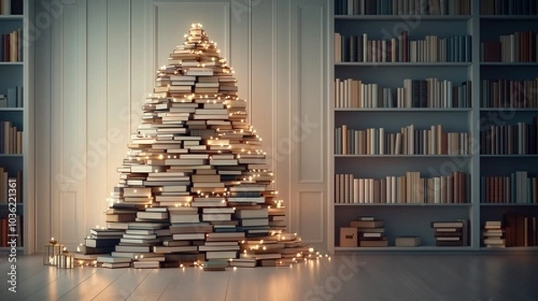 Obraz Adorable Bookshelf Christmas Tree Decorated with Twinkling Lights