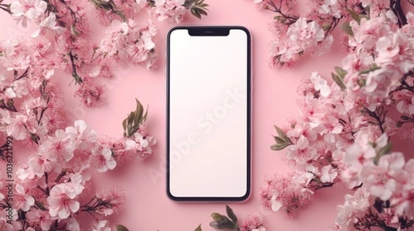 Fototapeta A smartphone surrounded by pink cherry blossoms on a soft pink background.