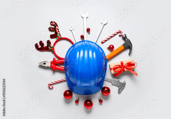 Fototapeta Builder's tools with reindeer horns and Christmas balls on light background