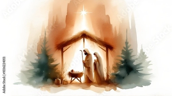Fototapeta Watercolor minimalist painting representing Nativity scene in Bethlehem. Christmas scene illustration showing holy family baby Jesus in the manger Joseph and Mary. Banner. 