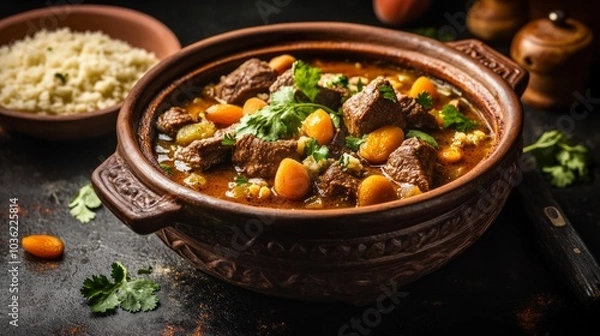 Fototapeta A flavorful Moroccan tagine with tender lamb, apricots, and almonds