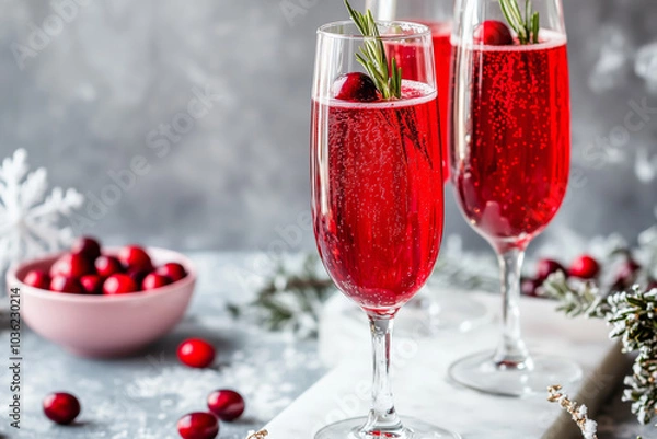 Fototapeta Three glasses with a sparkling red Christmas cocktail served with some red berries