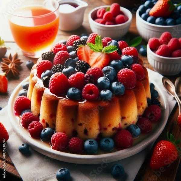 Fototapeta Fresh summer pudding served on a table, bursting with seasonal berries
