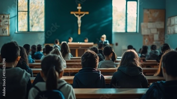 Fototapeta A warm and educational scene of children in a Catholic school classroom, learning about faith and religious teachings, with a crucifix prominently displayed on the wall