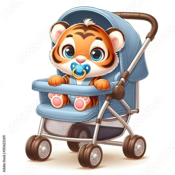 Fototapeta An adorable baby tiger with large, expressive eyes sits in a blue stroller, sucking on a pacifier. The cartoon style enhances its charm, creating a heartwarming scene.
