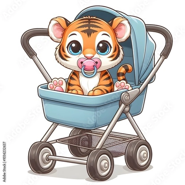 Fototapeta An adorable baby tiger with large, expressive eyes sits in a blue stroller, sucking on a pacifier. The cartoon style enhances its charm, creating a heartwarming scene.
