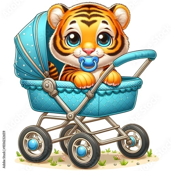 Fototapeta An adorable baby tiger with large, expressive eyes sits in a blue stroller, sucking on a pacifier. The cartoon style enhances its charm, creating a heartwarming scene.
