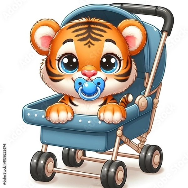 Fototapeta An adorable baby tiger with large, expressive eyes sits in a blue stroller, sucking on a pacifier. The cartoon style enhances its charm, creating a heartwarming scene.
