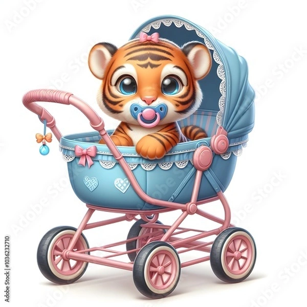 Fototapeta An adorable baby tiger with large, expressive eyes sits in a blue stroller, sucking on a pacifier. The cartoon style enhances its charm, creating a heartwarming scene.
