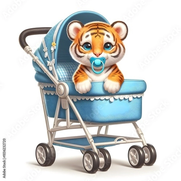 Fototapeta An adorable baby tiger with large, expressive eyes sits in a blue stroller, sucking on a pacifier. The cartoon style enhances its charm, creating a heartwarming scene.
